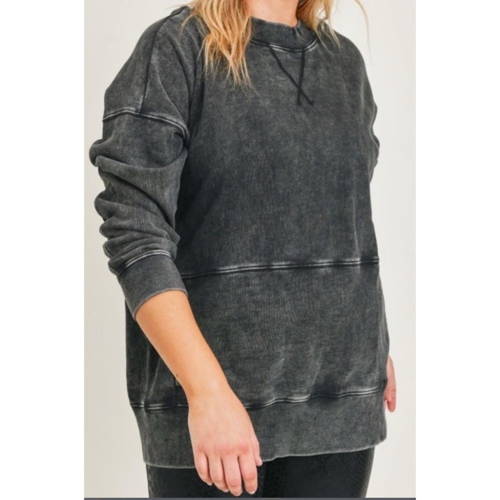 Mono b Womens Acid Wash Crewneck Sweatshirt Kangaroo Pocket Charcoal Sz S‎
